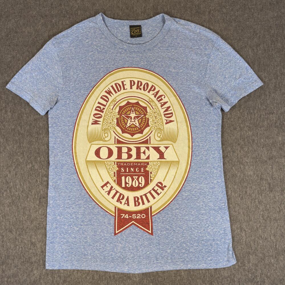 Obey Shirt Mens Medium Blue Worldwide Propaganda Extra Bitter Tee T-Shirt Beer